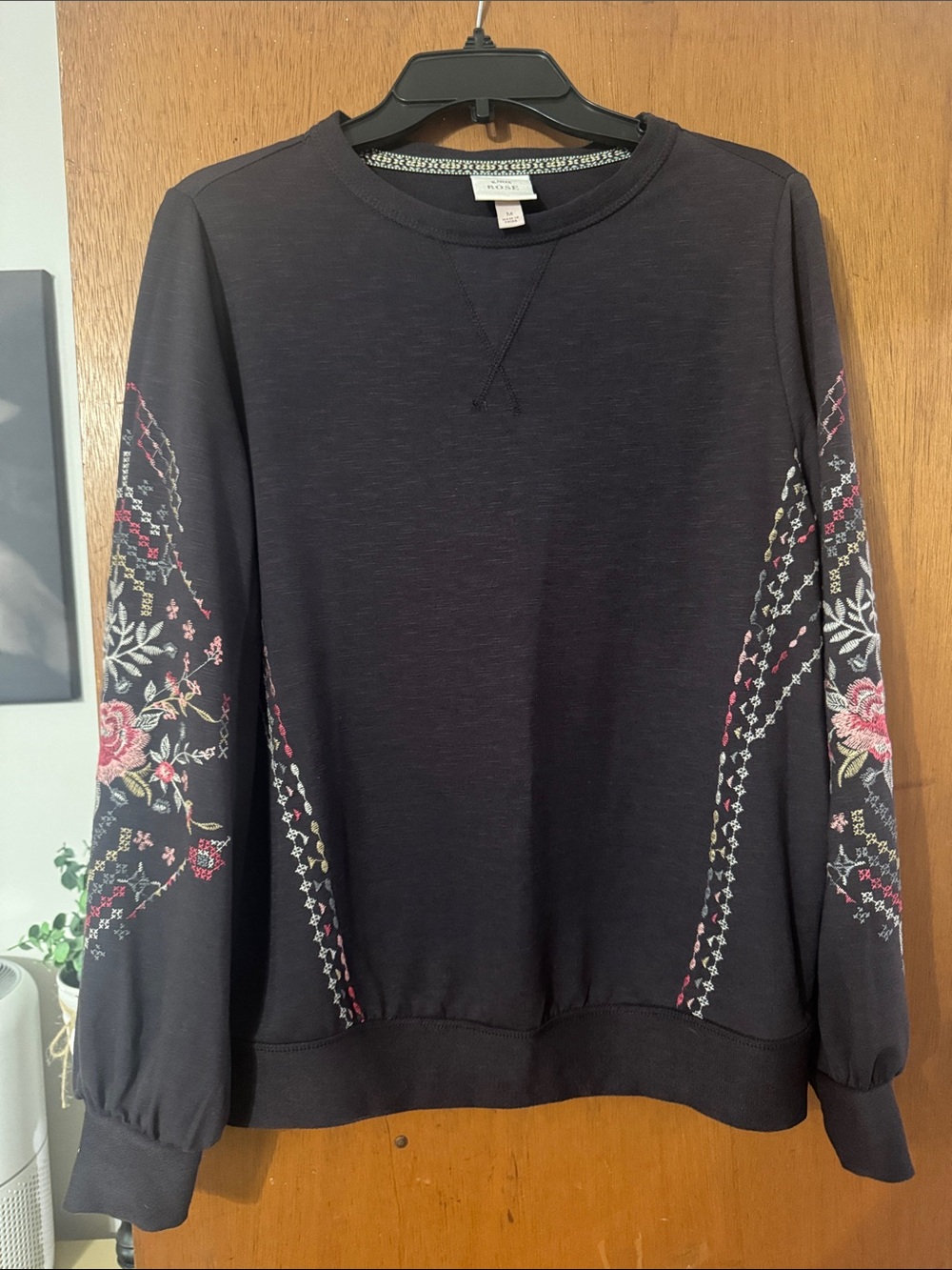 Blackish/Gray Embroidered Floral Sleeve light weight sweatshirt